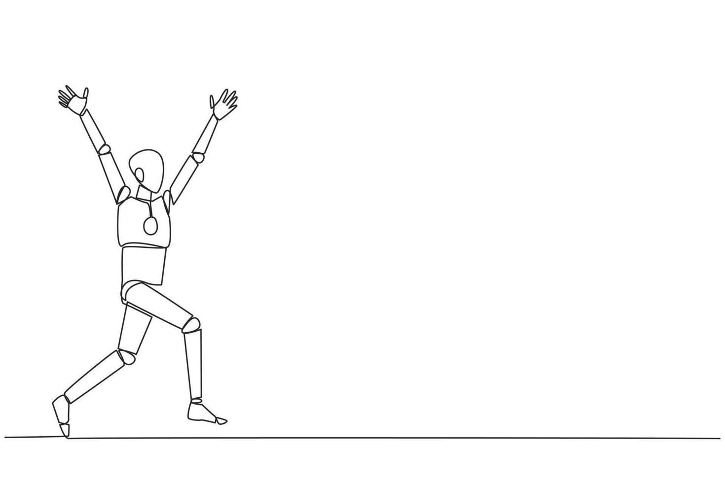 soltero uno línea dibujo robot corriendo a celebrar el éxito de negocio. me gusta un fútbol americano jugador quien puntuaciones meta, haciendo celebra éxito. ai tecnología continuo línea diseño gráfico ilustración vector