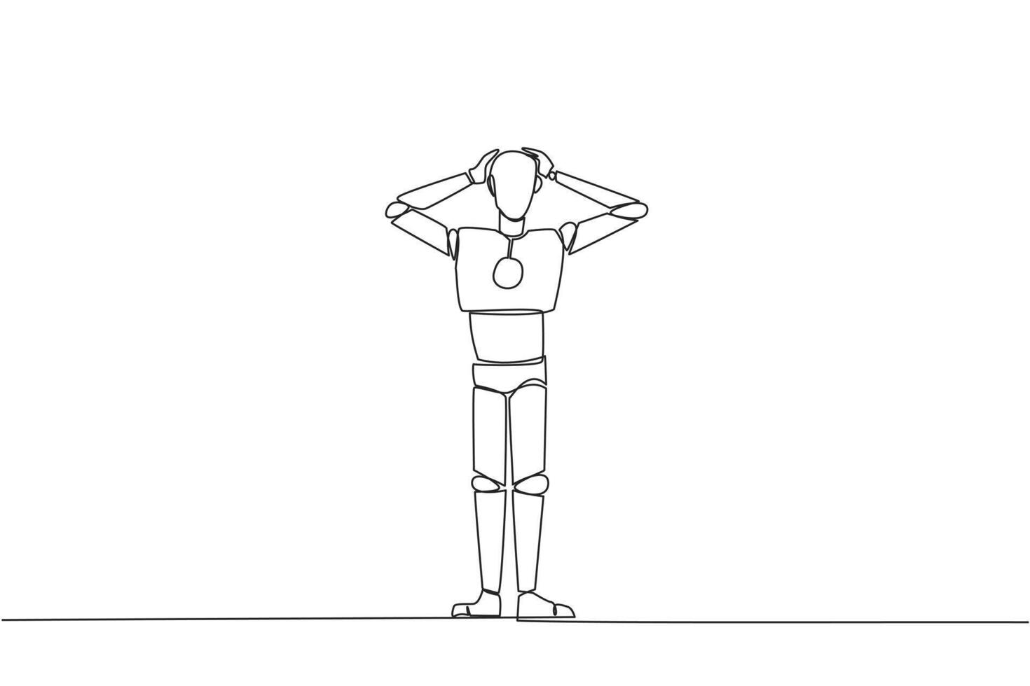 Single one line drawing robot standing straight holding head with both hands. Gestures excited or surprised. Unusual facial expressions. Startled. AI tech. Continuous line design graphic illustration vector