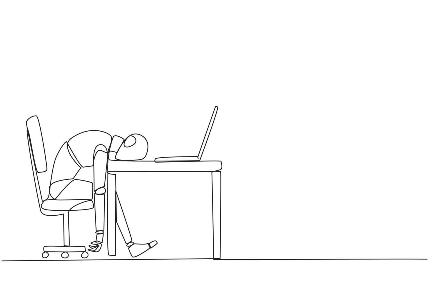Single one line drawing robot fell asleep in front of laptop computer. Fatigue running business. Mental health problem. Exhausted and bored. AI technology. Continuous line design graphic illustration vector