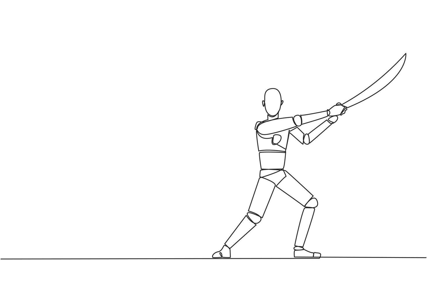 Continuous one line drawing robot holding samurai. Stylized like samurai athlete guarding business. Prepared to eliminate disrupt business growth. AI tech. Single line draw design vector illustration