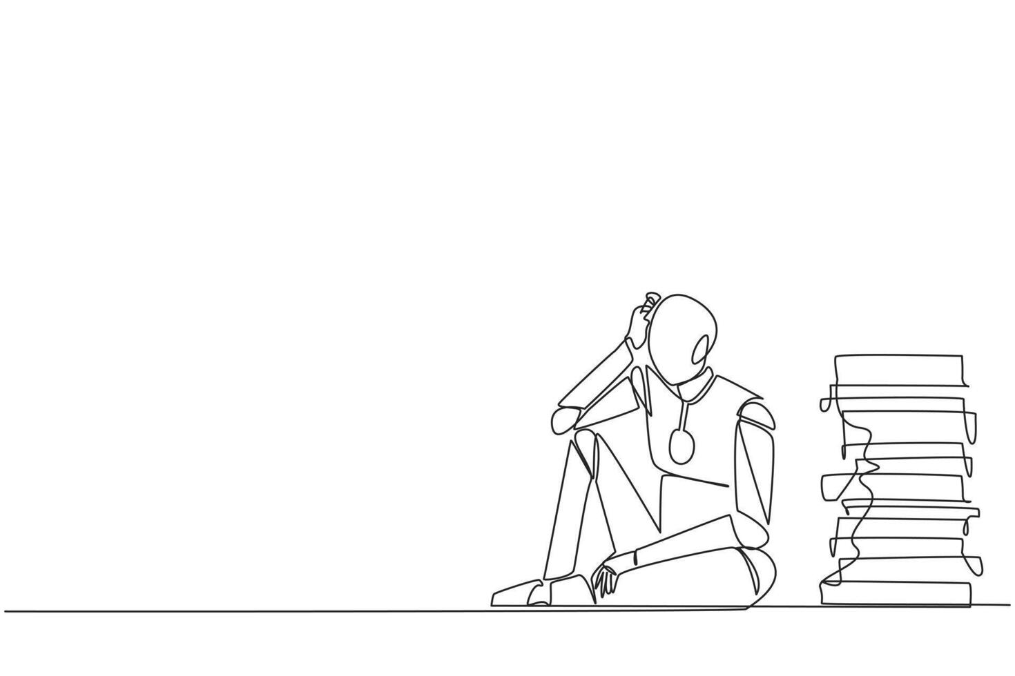 Single continuous line drawing robot sitting near piles of work files. Too much work is stressful. Putting off work makes work neglected. Tired. Unhappy. AI tech. One line design vector illustration