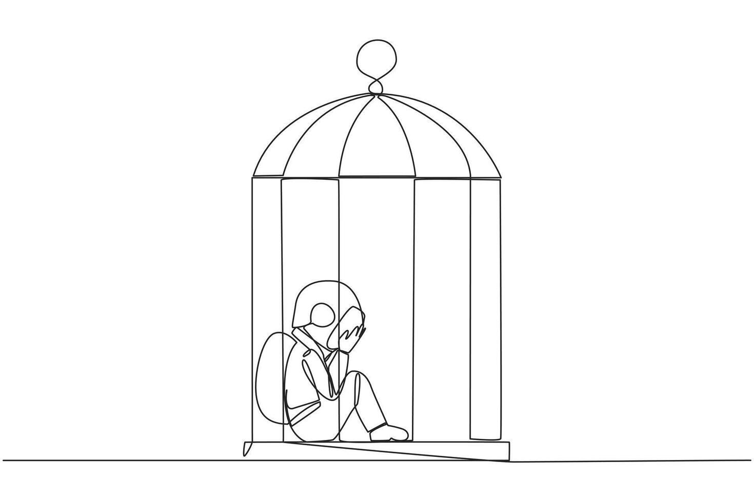 Single continuous line drawing young astronaut trapped in the cage sitting covering face. Feel utterly defeated. Trapped in a dirty business. Mentally tired. Lost. One line design vector illustration