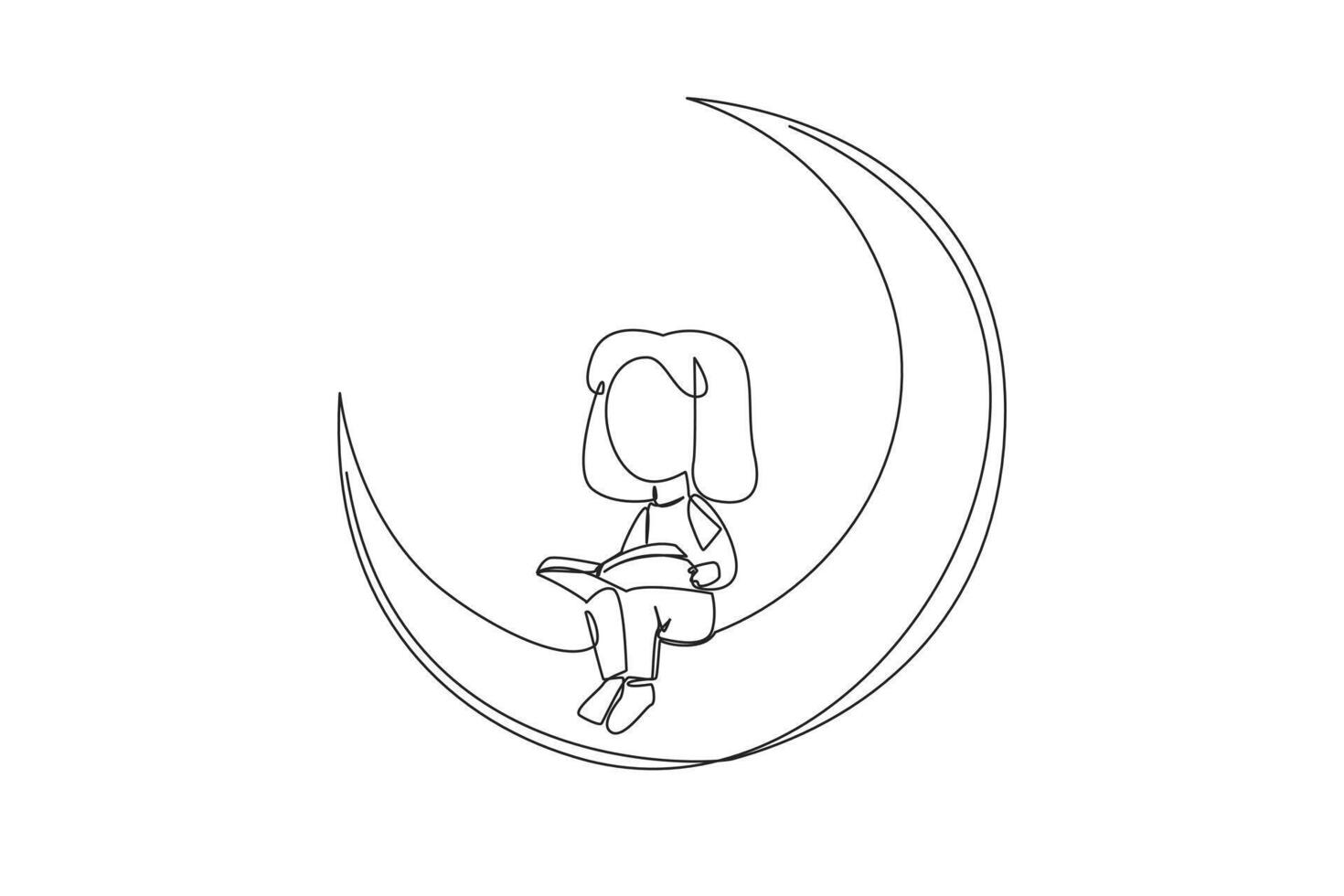 Continuous one line drawing girl sitting on crescent moon reading book. Reading story before bed. Passionate about reading in any condition. Book festival. Single line draw design vector illustration