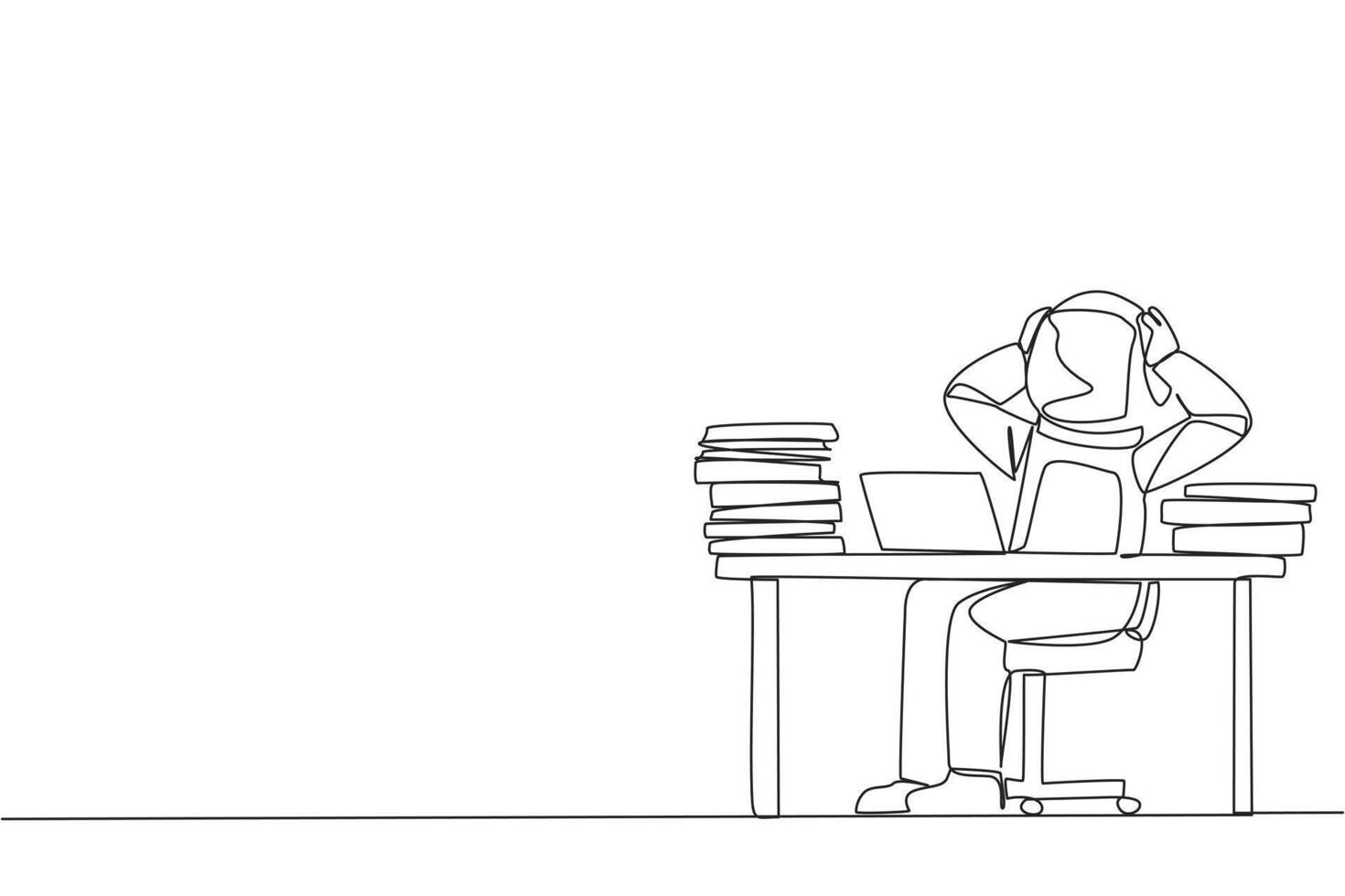 Single one line drawing young astronaut sitting on office chair. Curious to see stock price on a laptop screen that don't increase. Stressful astronaut. Continuous line design graphic illustration vector