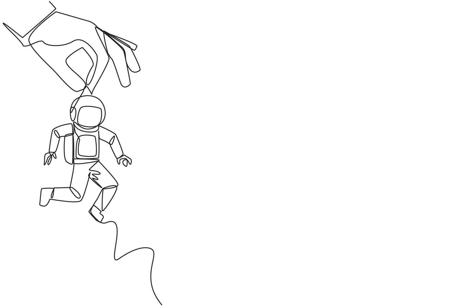 Single continuous line drawing big hand holding young astronaut. Workplace moving metaphor. Position transfer. Level up. Have bigger responsibilities. Successful. One line design vector illustration