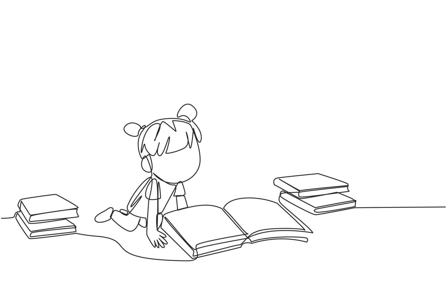 Single one line drawing girls reading books happily. Good reading interest. Really enjoy reading story books. Reading everywhere. Book festival concept. Continuous line design graphic illustration vector