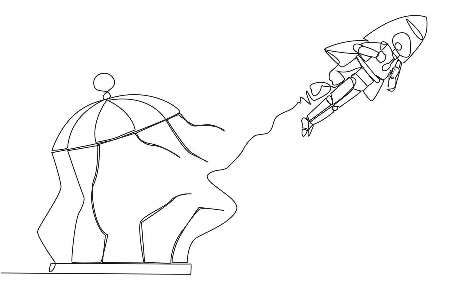 Single one line drawing robot flying with rocket and breaks the cage. Free from traps. Getting a booster to continue the business. Business soared. AI tech. Continuous line design graphic illustration vector