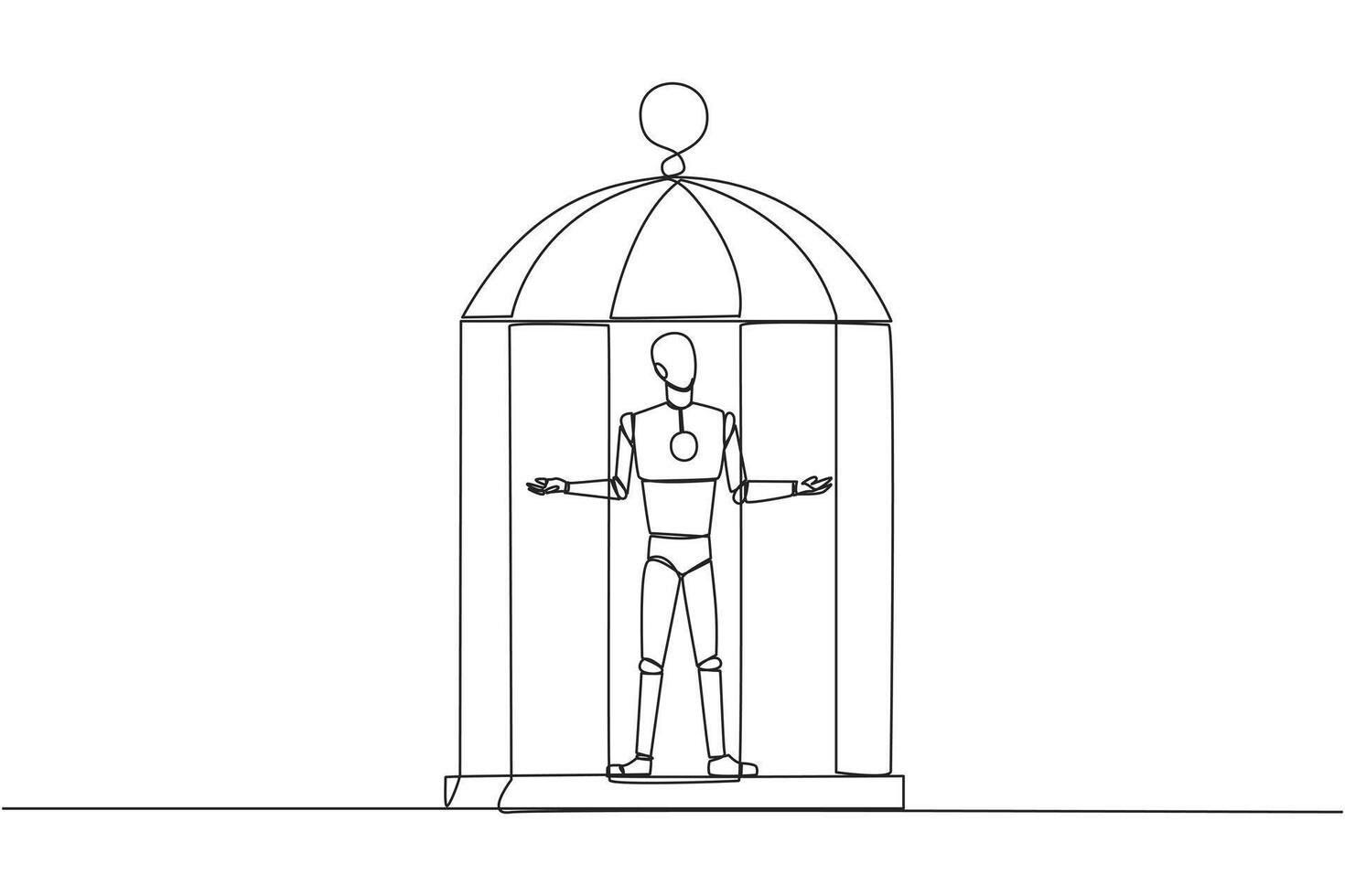 Single one line drawing robot trapped in cage standing with open arms. Surrender to the situation. Forced to stay in a cage. Business is not growing. Tech. Continuous line design graphic illustration vector