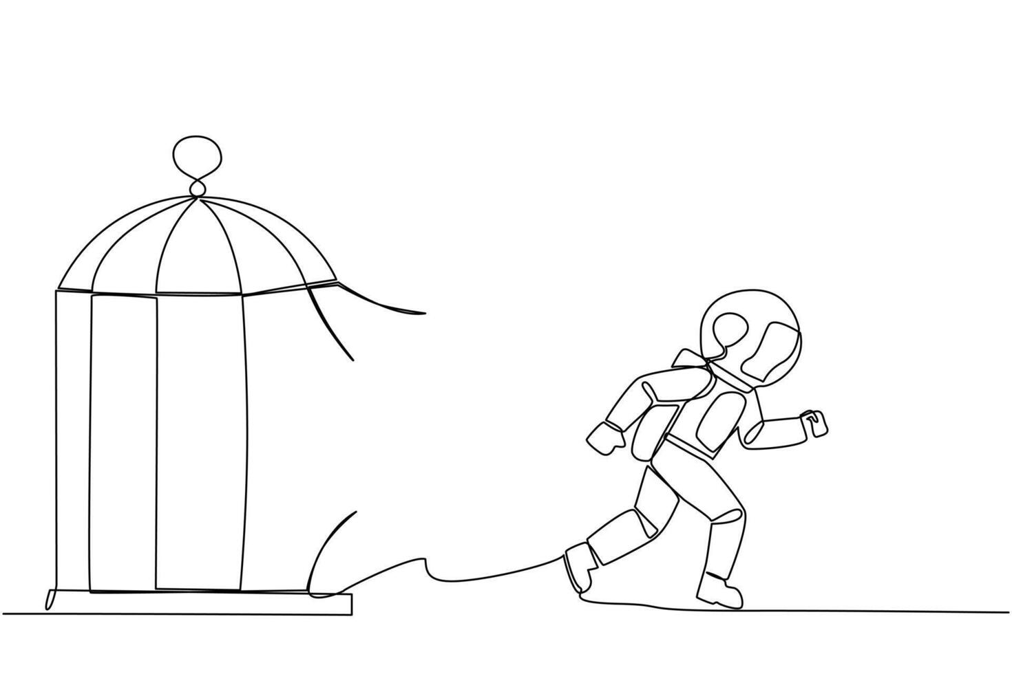 Single one line drawing young astronaut trapped in the cage running through the cage. Metaphor penetrates the maximum limit of self. Desire to succeed. Continuous line design graphic illustration vector