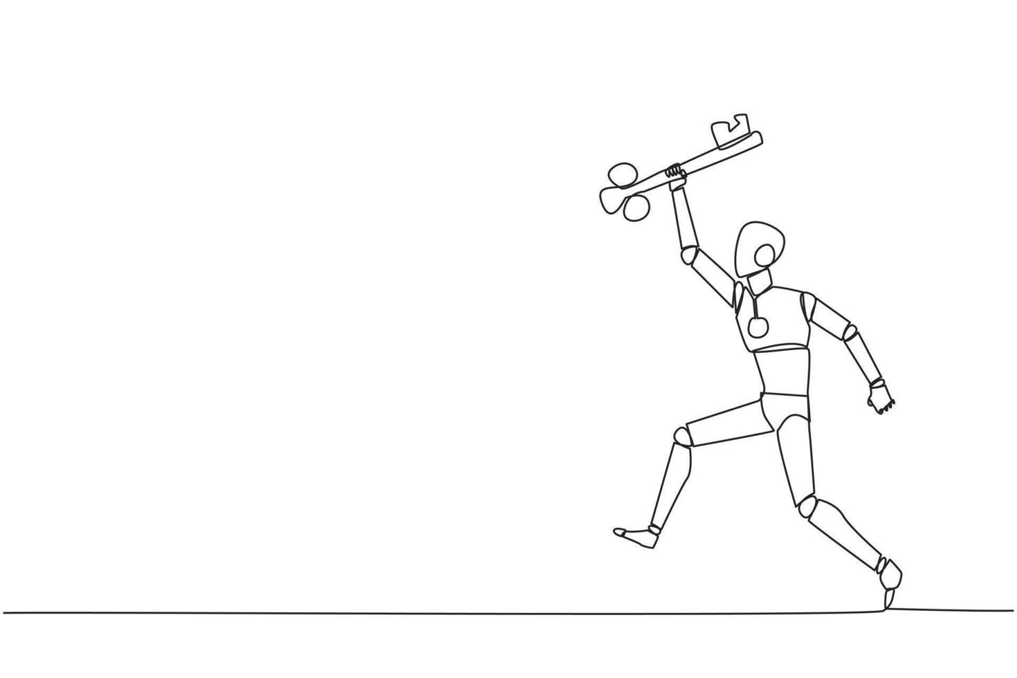 Single one line drawing smart robotic running holding key. Doing celebrate. Perform movements like a relay athlete. The secret key to business revival. Continuous line design graphic illustration vector
