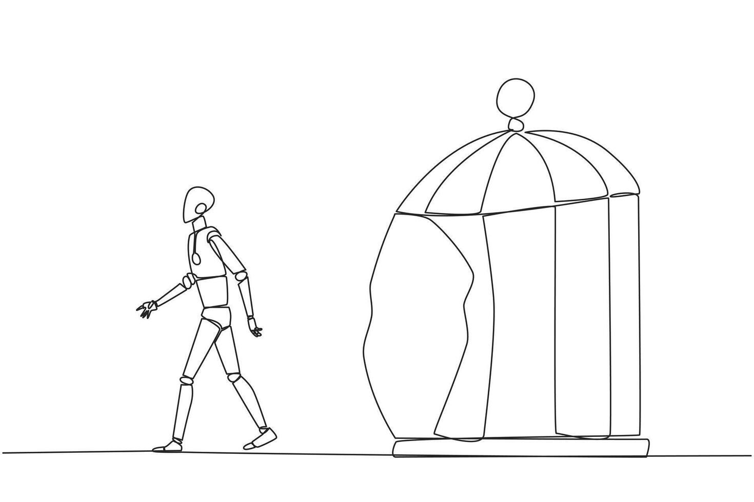 Continuous one line drawing robot trapped in cage and walking penetrate cage. Metaphor seeking new challenges and experiences for better future. AI tech. Single line draw design vector illustration