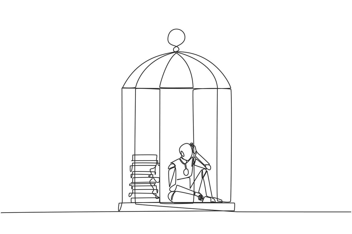 Continuous one line drawing robot trapped in the cage sitting down frustrated. Stress with piling up unfinished work until close to deadline. Exhausted. Single line draw design vector illustration