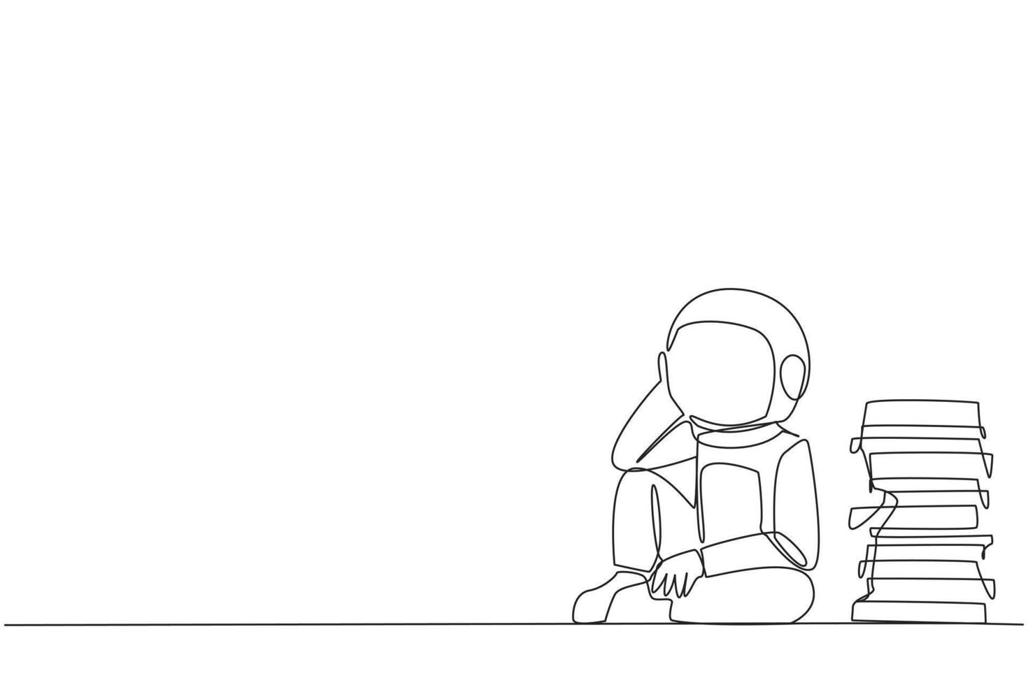 Continuous one line drawing astronaut sitting near piles of work files. Too much work is stressful. Putting off work makes work neglected. Tired. Unhappy. Single line draw design vector illustration