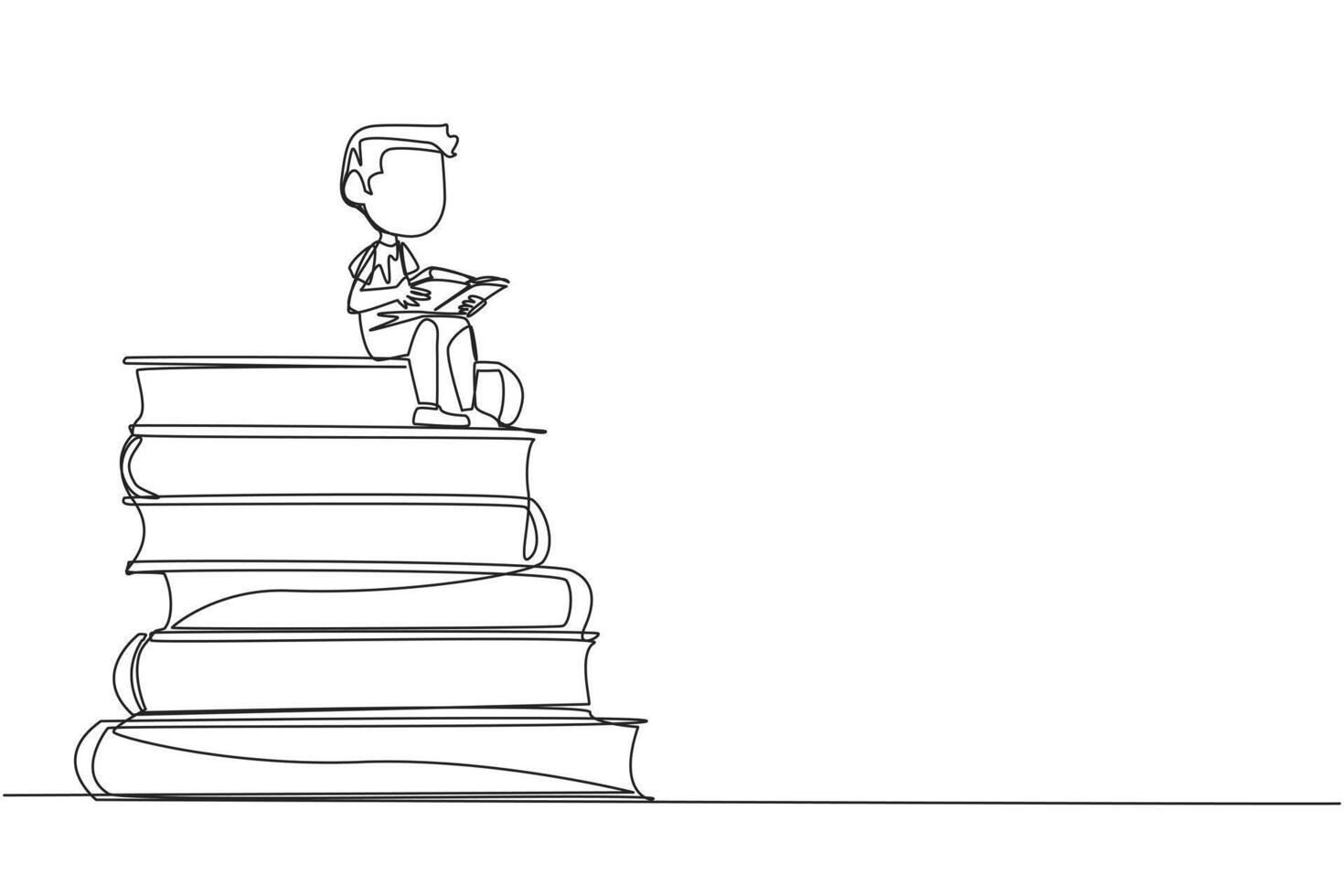 Single continuous line drawing happy boy sitting on a pile of books reading a book. High interest in reading. Opening horizons of thinking. Book festival concept. One line design vector illustration