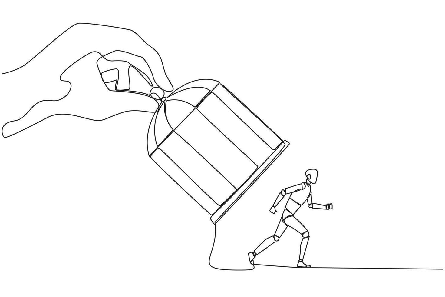 Continuous one line drawing big hand holding iron cage, catch robot. Want to trap in any way. Enter the trap. Unfair business competition. Lost. AI tech. Single line draw design vector illustration