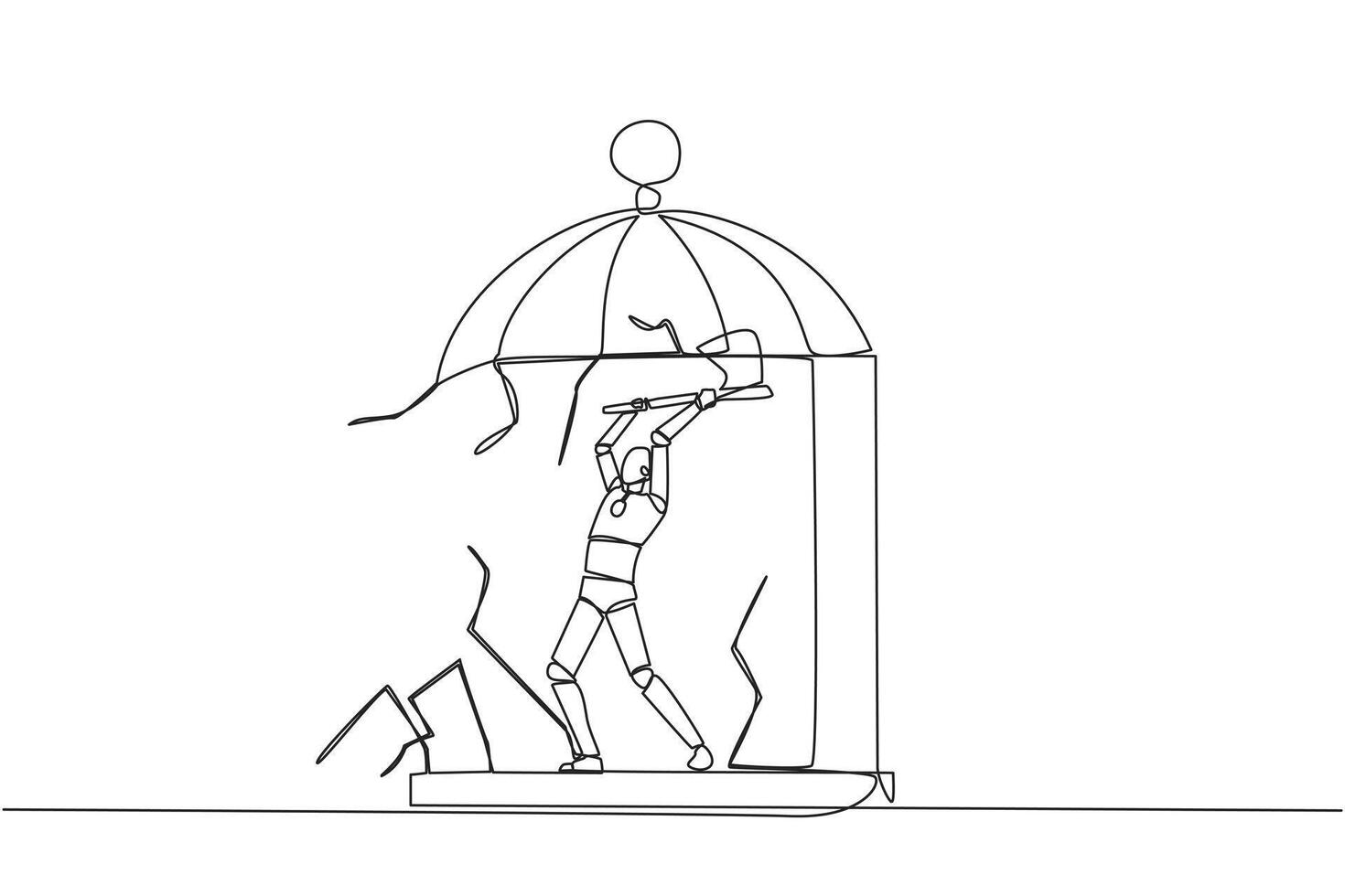 Single continuous line drawing smart robot trapped in the cage holding an axe and destroy the cage. Everything is done to be free. Rising anger. Disappointed. Tech. One line design vector illustration