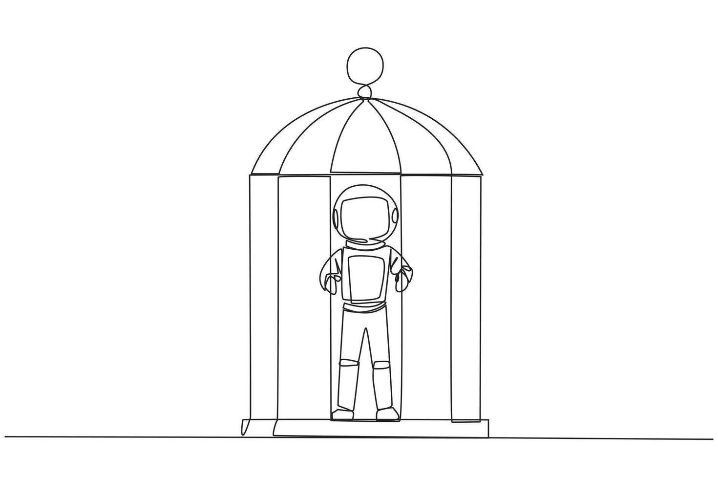continuo uno línea dibujo infeliz astronauta atrapado en jaula en pie sostener el hierro barras. encarcelado cuerpo y mente. limitado oportunidad. sensación exhausto. soltero línea dibujar diseño vector ilustración