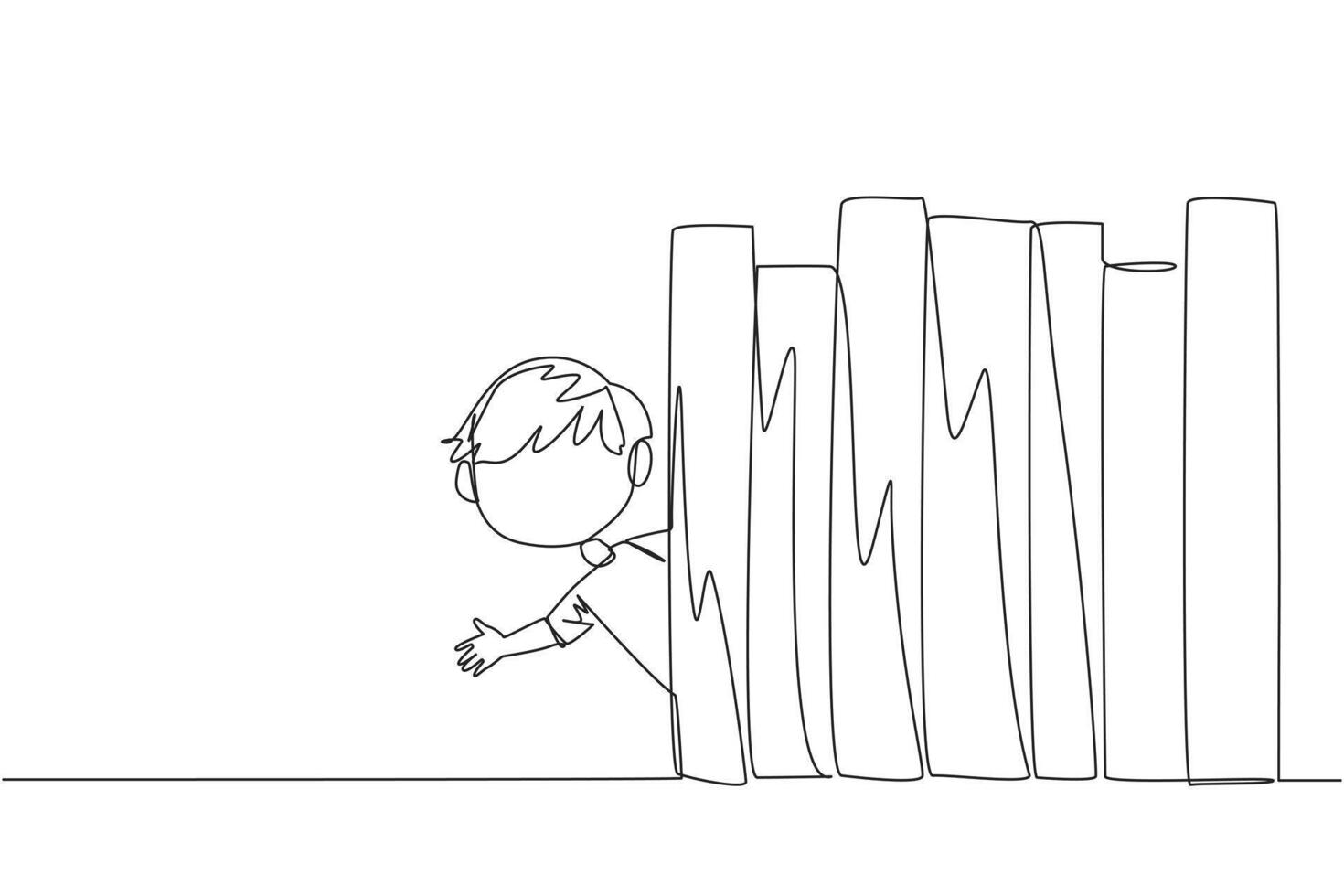 Single continuous line drawing a boy appears from behind a row of books. Invitation to read books at the library. Like to reading a book. Book festival concept. One line design vector illustration