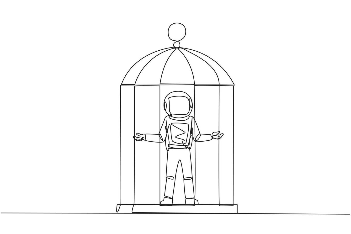 Single continuous line drawing astronaut trapped in cage standing with open arms. Surrender to the situation. Forced to stay in a cage. Business is not growing. One line design vector illustration