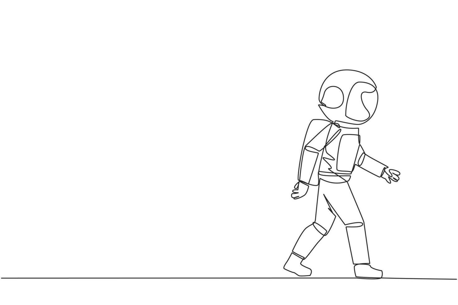 Single one line drawing young astronaut walking to canteen to break and lunch. Taking time for a while to hone ideas back into brilliant ideas. Success. Continuous line design graphic illustration vector