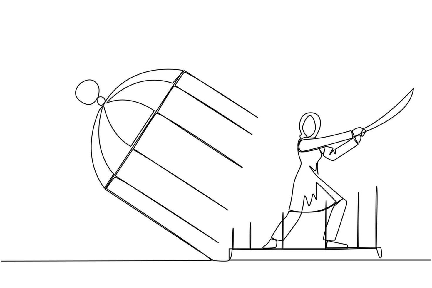 Single continuous line drawing Arab businesswoman trapped in cage holds samurai. Expression of anger over limitations that shackle. Seek freedom at any cost. Madness. One line vector illustration