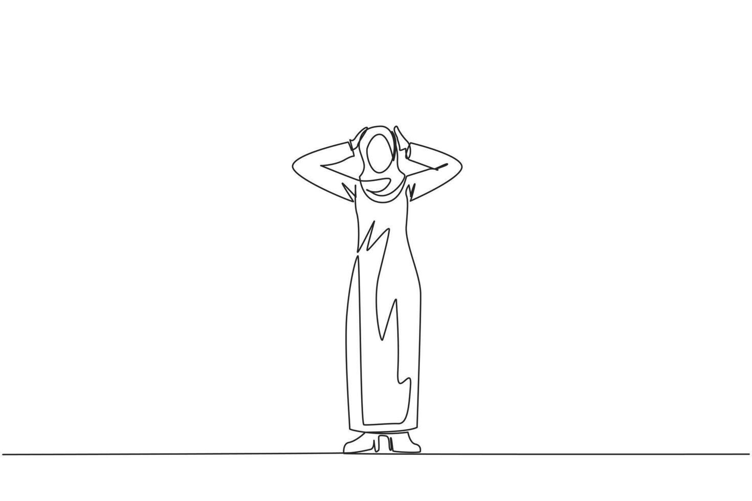 Continuous one line drawing Arab businesswoman standing straight holding head with both hands. Gestures excited or surprised. Unusual facial expressions. Startled. Single line draw vector illustration