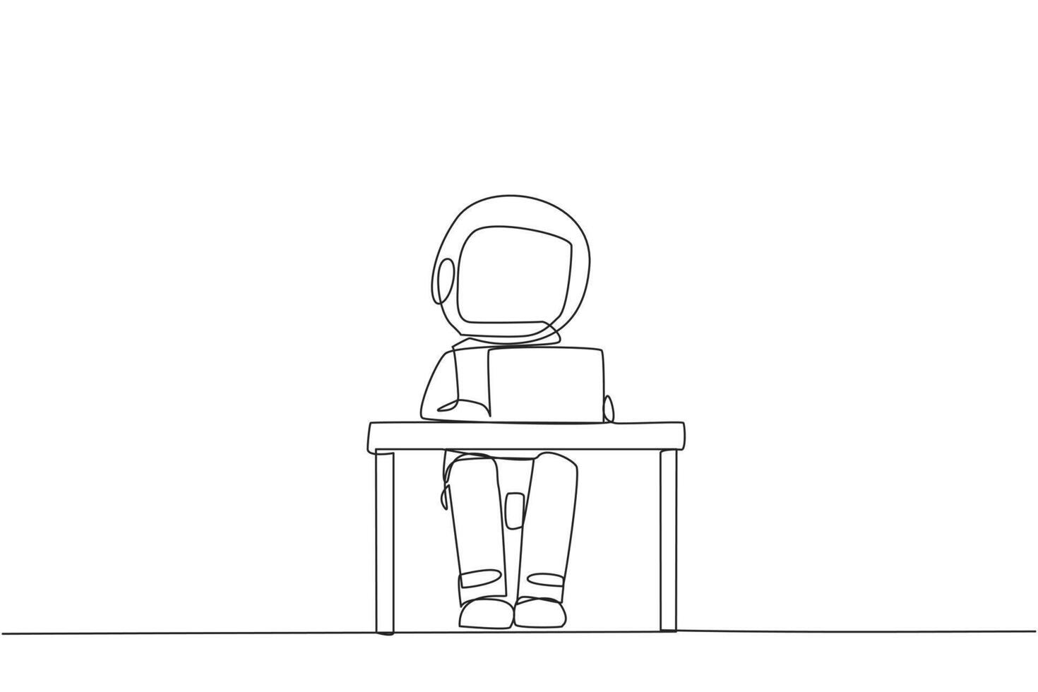 Single continuous line drawing astronaut sitting and typing on laptop computer. Prepare important data to presenting in front of spaceship's Directors. Hectic. One line design vector illustration