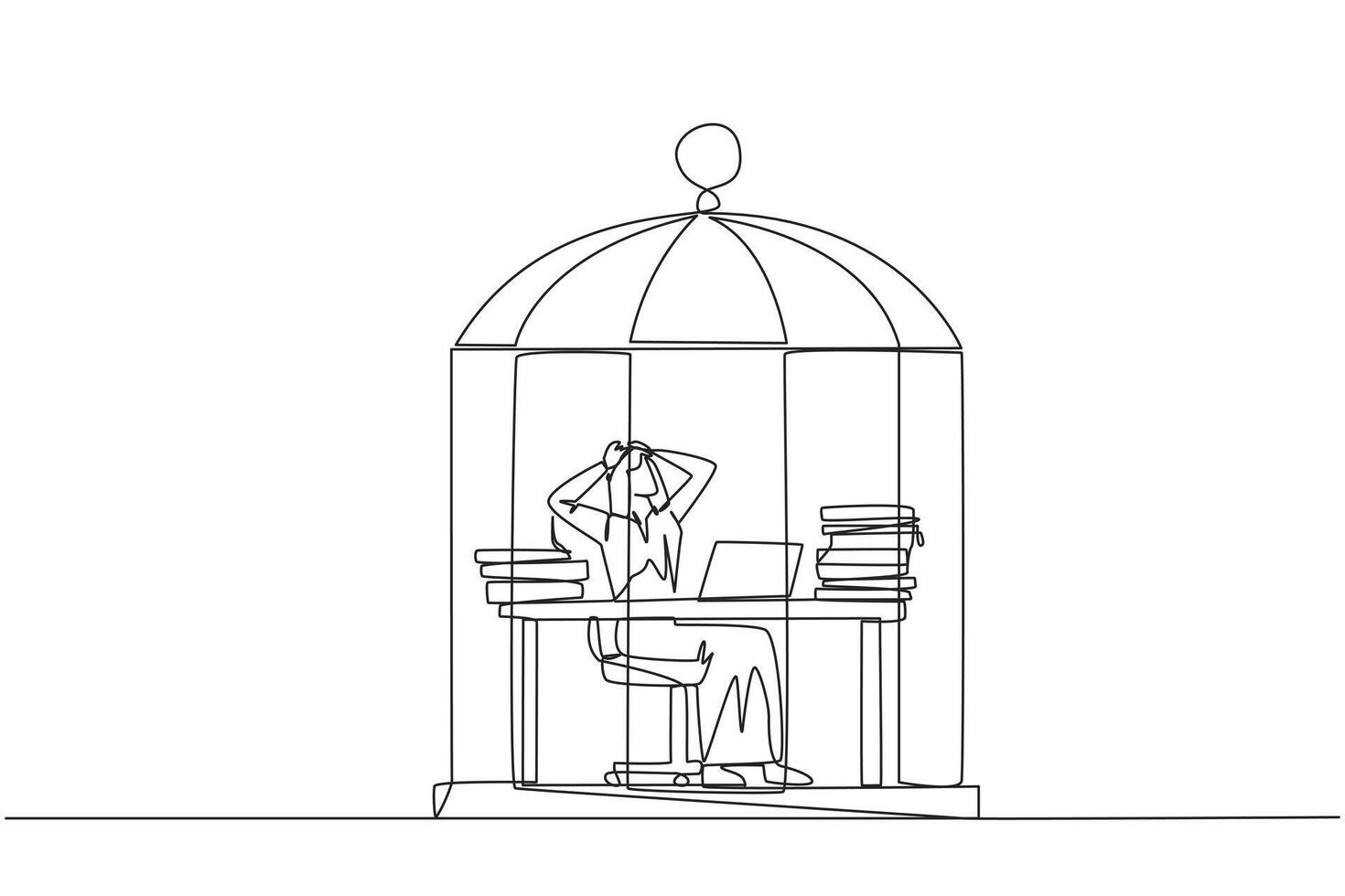 Single one line drawing Arab businessman trapped in cage sitting on office chair holding head. Being in a routine trap. Tired and irritated with the daily grind. Continuous line design illustration vector