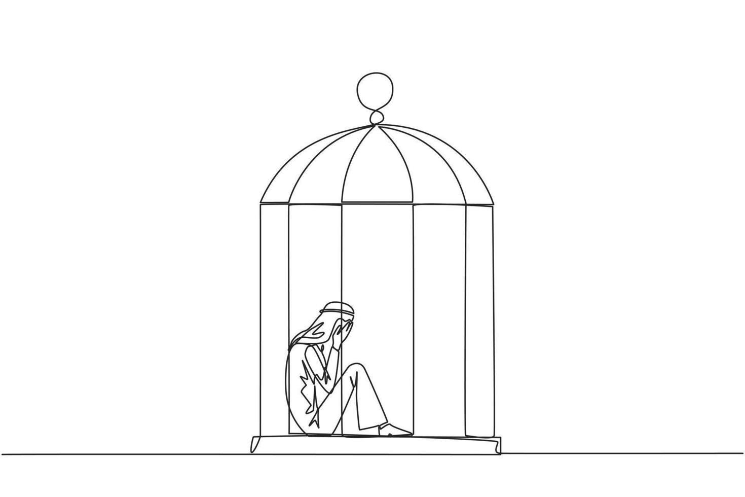 Single continuous line drawing Arab businessman trapped in the cage sitting covering face. Feel utterly defeated. Trapped in a dirty business. Mentally tired. Lost. One line design vector illustration