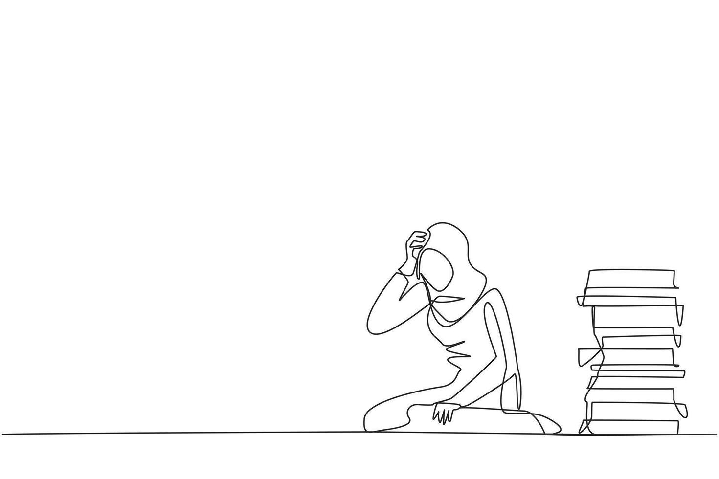 Single continuous line drawing Arabian businesswoman sitting near piles of work files. Too much work is stressful. Putting off work makes work neglected. Tired. One line design vector illustration