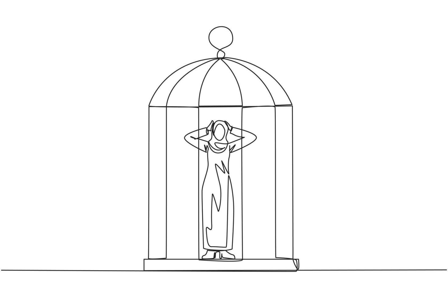 Continuous one line drawing Arab businesswoman trapped in cage standing frustrated holding head. Anxiety caused cannot move freely. Imprisoned. Can't work. Single line draw design vector illustration