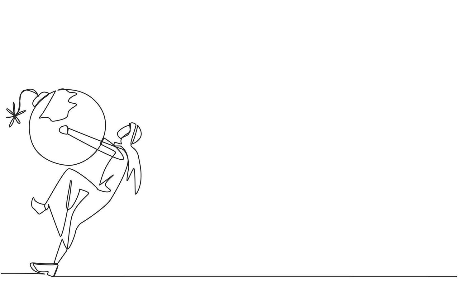 Single one line drawing Arabian businessman carrying bomb with a burning fuse. The concept of keeping danger away from the business environment to survive. Continuous line design graphic illustration vector