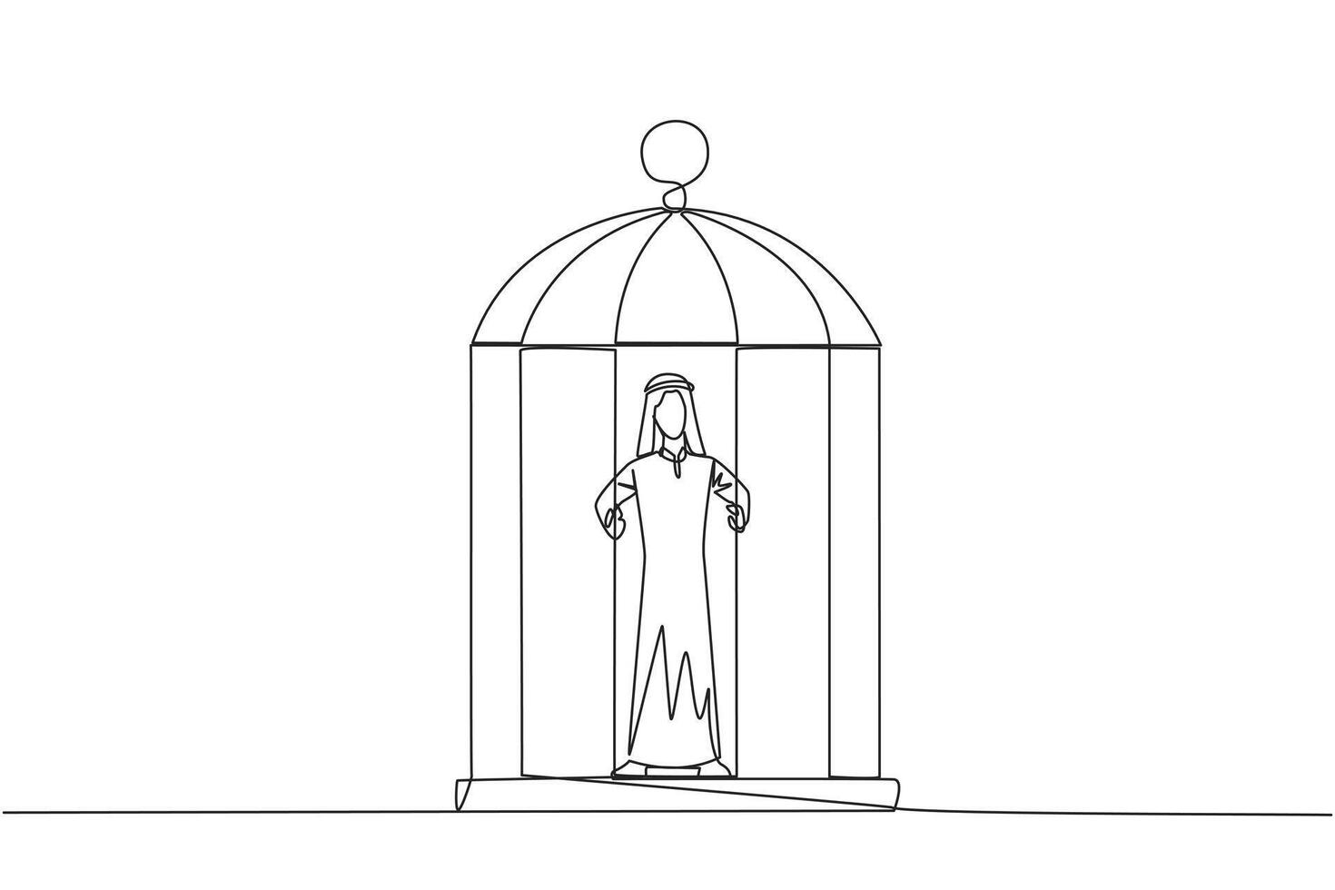 Continuous one line drawing Arab businessman trapped in cage standing hold the iron bars. Imprisoned body and mind. Limited opportunity. Feeling exhausted. Single line draw design vector illustration