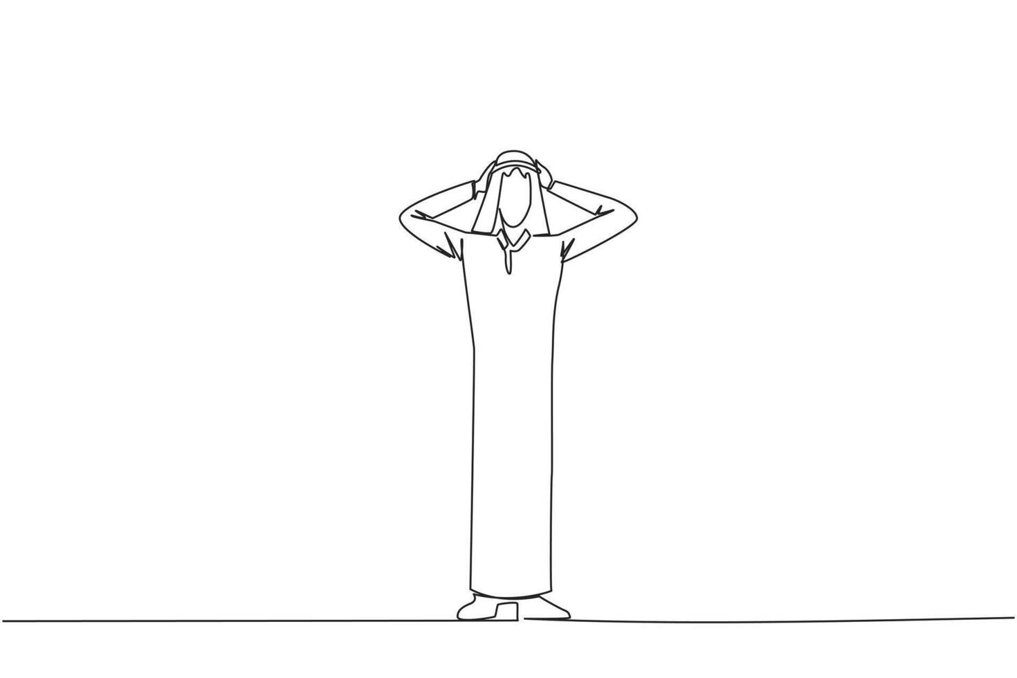 Continuous one line drawing Arab businessman standing straight holding head with both hands. Gestures excited or surprised. Unusual facial expressions. Startled. Single line draw vector illustration