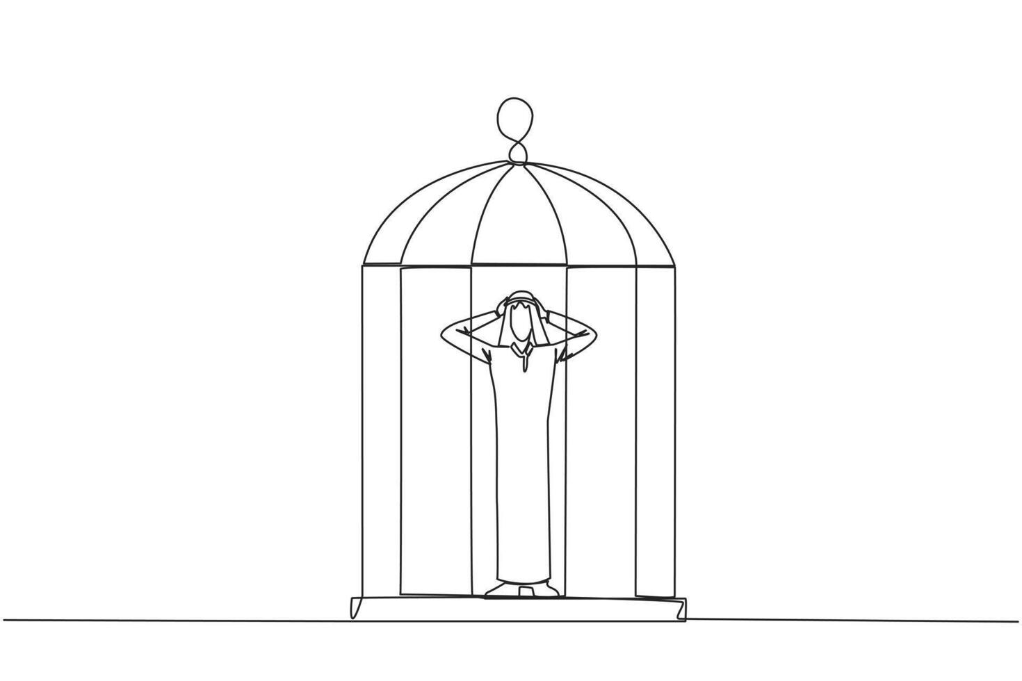 Continuous one line drawing Arab businessman trapped in cage standing frustrated holding head. Anxiety caused cannot move freely. Imprisoned. Can't work. Single line draw design vector illustration