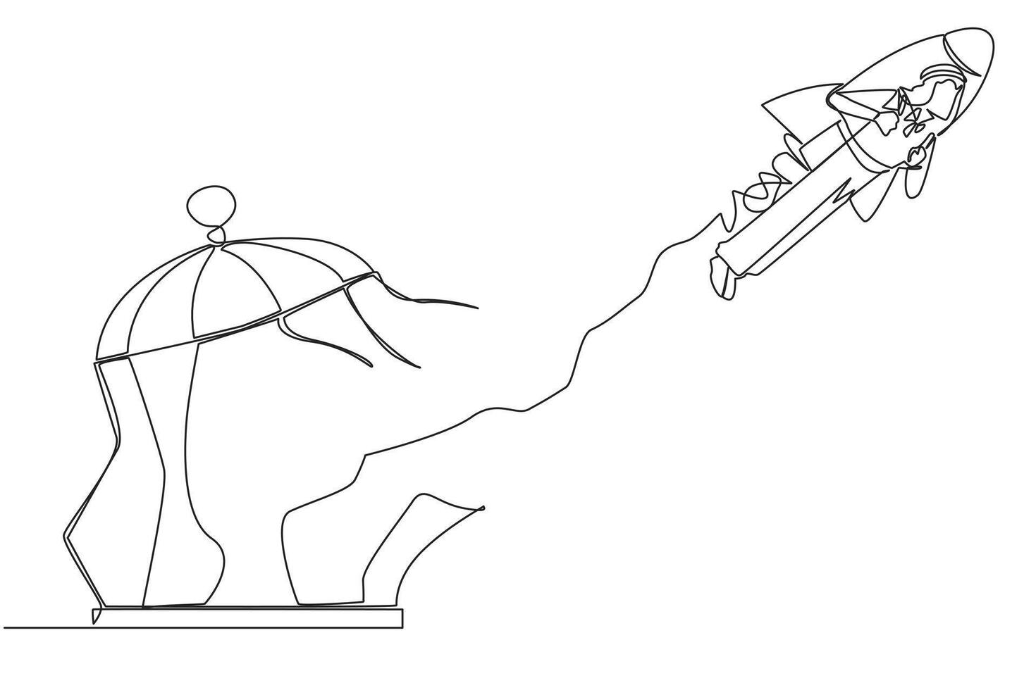 Single one line drawing Arabian businessman flying with a rocket and breaks the cage. Free from traps. Getting a booster to continue the business. Business soared. Continuous line design illustration vector