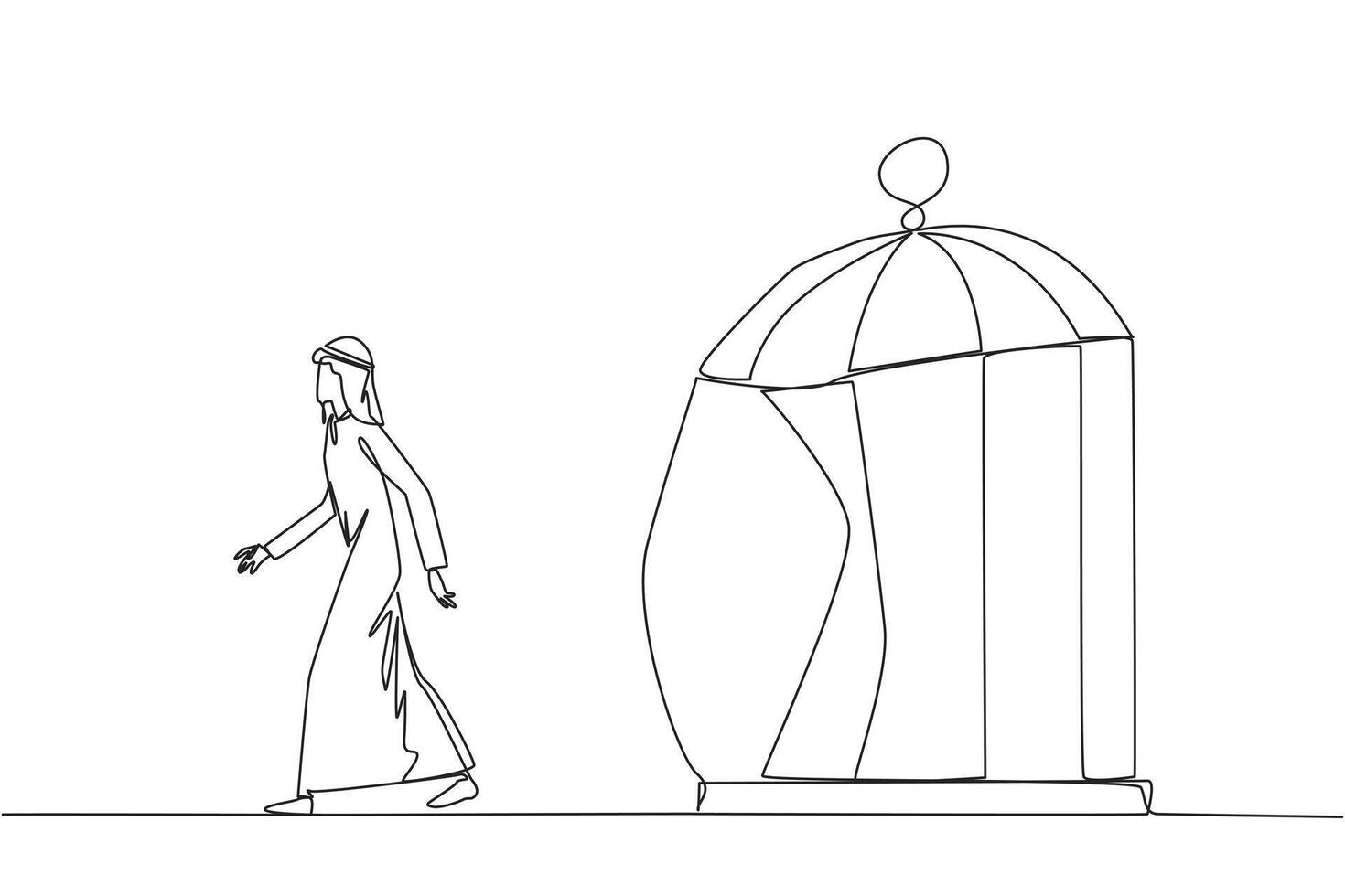 Single one line drawing Arab businessman trapped in cage and walking penetrate the cage. Metaphor seeking new challenges and experiences for better future. Continuous line design graphic illustration vector