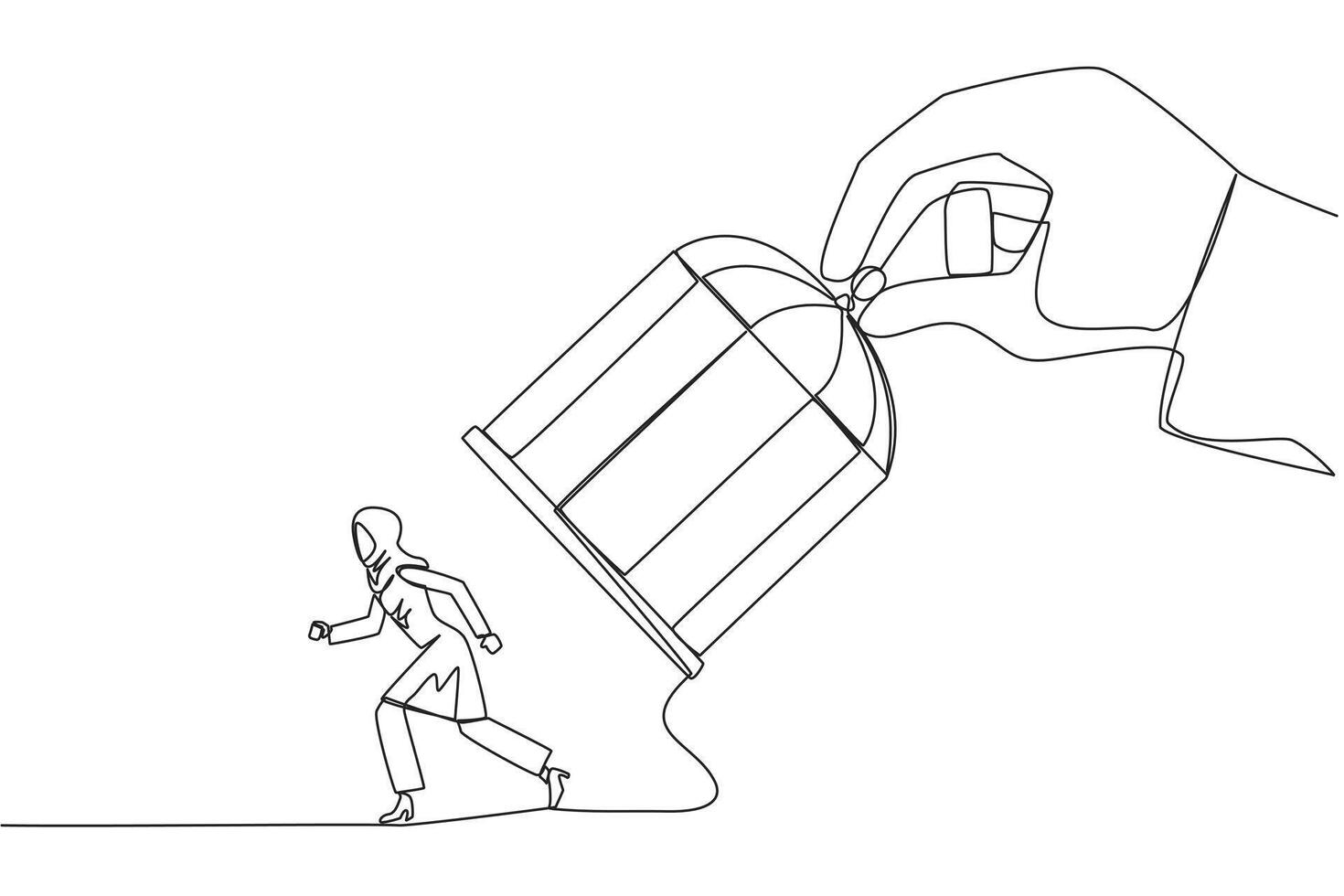 Continuous one line drawing big hand holds iron cage, catch Arab businesswoman. Want to trap in any way. Enter the trap. Unfair business competition. Lost. Single line draw design vector illustration