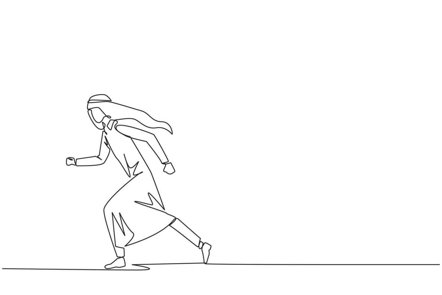 Single one line drawing Arabian businessman doing light exercise. Running aims to maintain heart health. Businessman with healthy life style. Good mental. Continuous line design graphic illustration vector