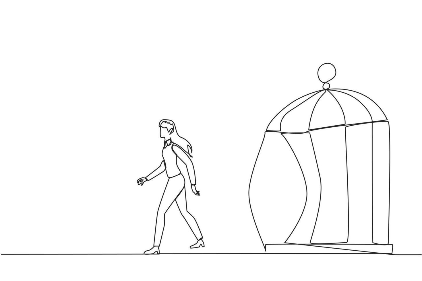 Continuous one line drawing businesswoman trapped in cage and walking penetrate the cage. Metaphor seeking new challenges and experiences for better future. Single line draw design vector illustration