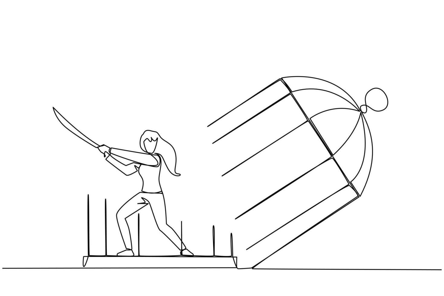 Continuous one line drawing businesswoman trapped in cage holds samurai. Expression of anger over the limitations that shackle. Seek freedom at any cost. Single line draw design vector illustration