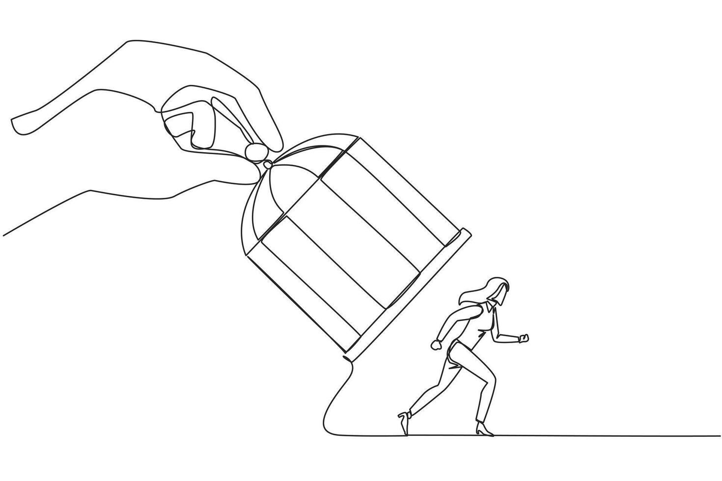 Single one line drawing big hand holding the iron cage, catch businesswoman. Want to trap in any way. Enter the trap. Unfair business competition. Lost. Continuous line design graphic illustration vector