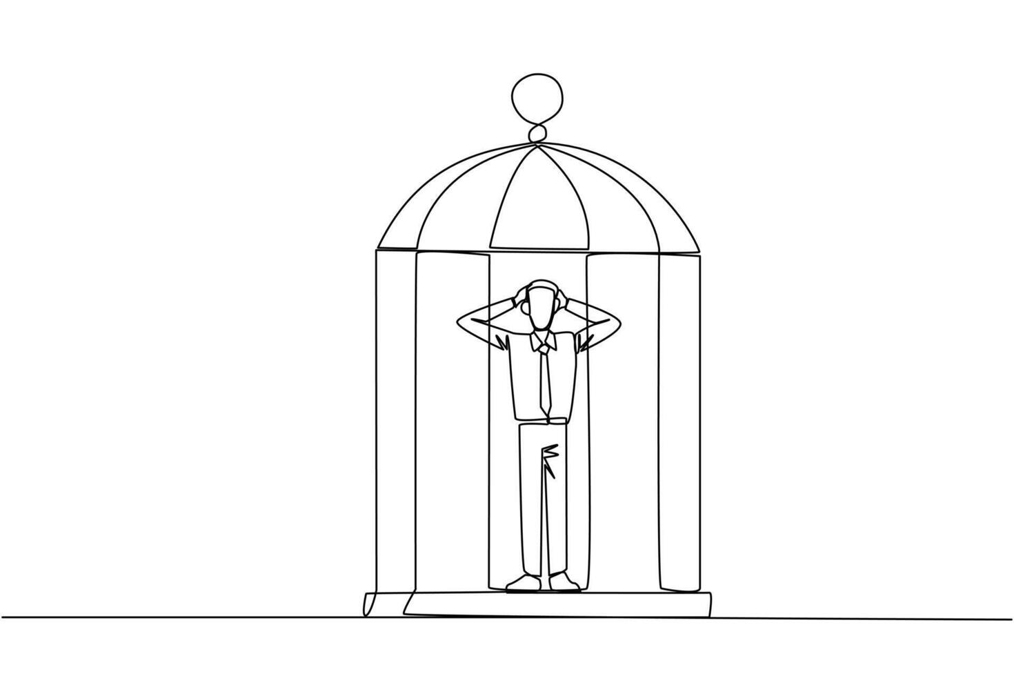 Single continuous line drawing businessman trapped in cage standing frustrated holding head. Anxiety caused can not move freely. Confined. Imprisoned. Can't work. One line design vector illustration