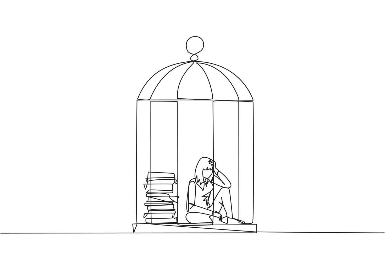 Continuous one line drawing businesswoman trapped in cage sitting down frustrated. Stress with piling up unfinished work until close to deadline. Exhausted. Single line draw design vector illustration