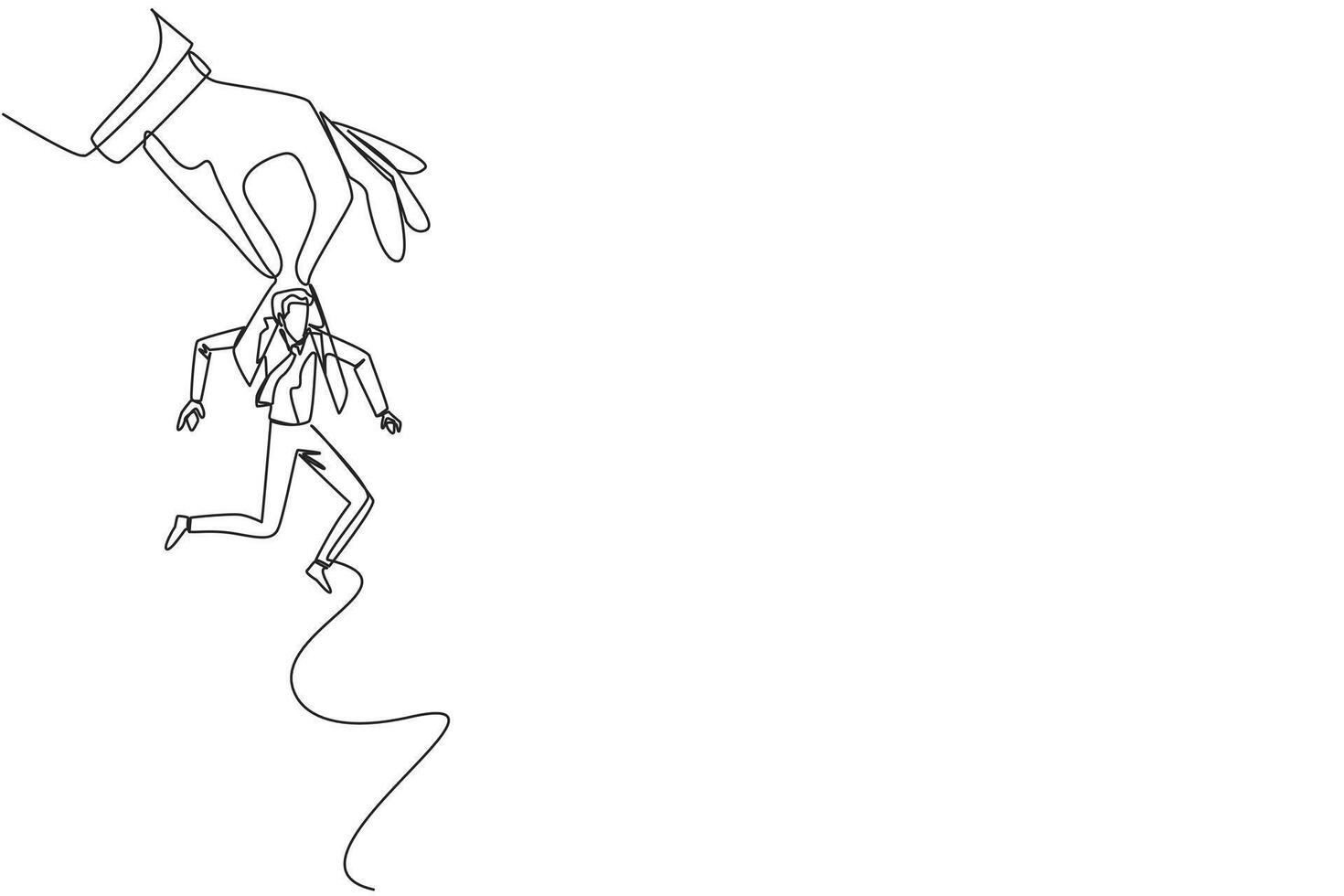 Single one line drawing big hand holding businessman. Workplace moving metaphor. Position transfer. Level up. Have bigger responsibilities. Successful. Continuous line design graphic illustration vector