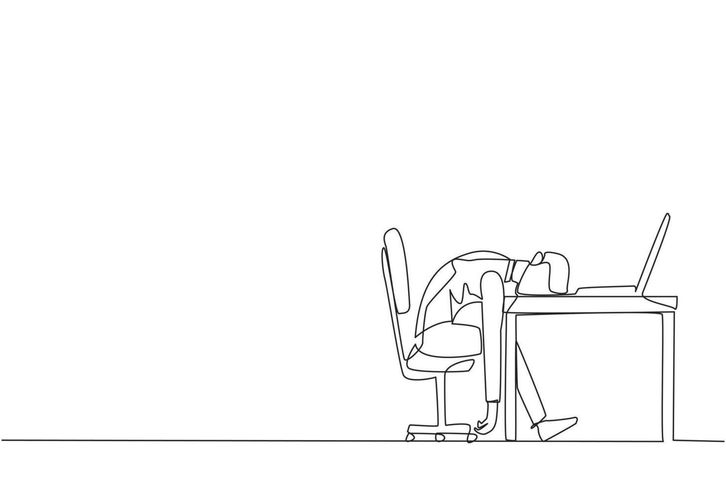 Continuous one line drawing businessman fell asleep in front of a laptop computer. Fatigue running a business. Mental health problem. Exhausted, bored. Single line draw design vector illustration