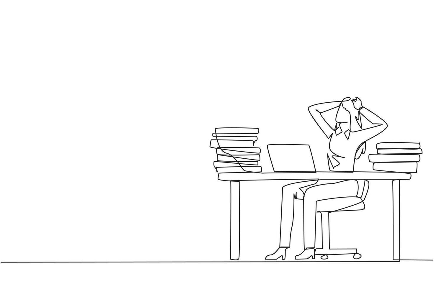 Single continuous line drawing businesswoman sitting on office chair. Curious to see stock price on a laptop screen that don't increase. Stressful businesswoman. One line design vector illustration