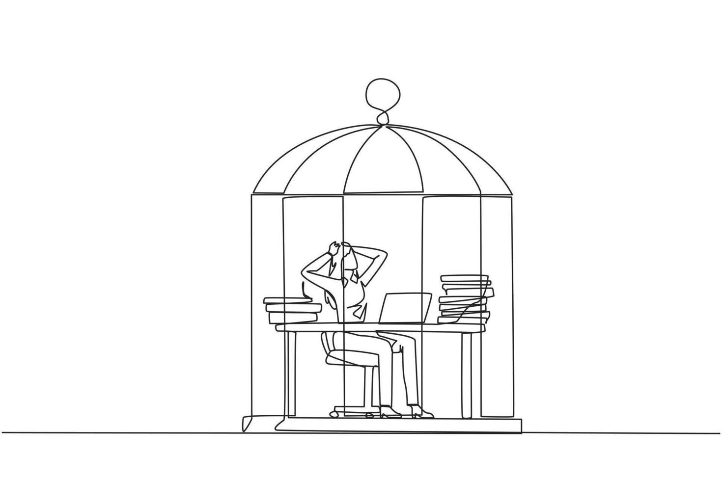 Single one line drawing businesswoman trapped in cage sitting on office chair holding head. Being in routine trap. Tired and irritated with the daily grind. Continuous line design graphic illustration vector