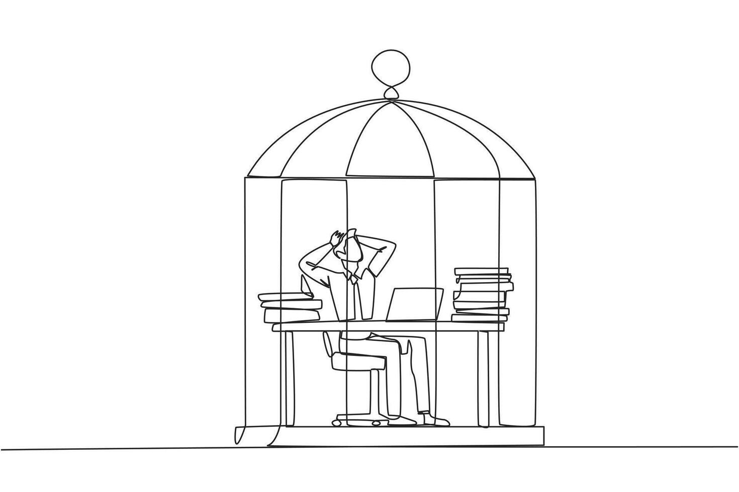Single one line drawing businessman trapped in cage sitting on office chair holding head. Being in a routine trap. Tired and irritated with the daily grind. Continuous line design graphic illustration vector