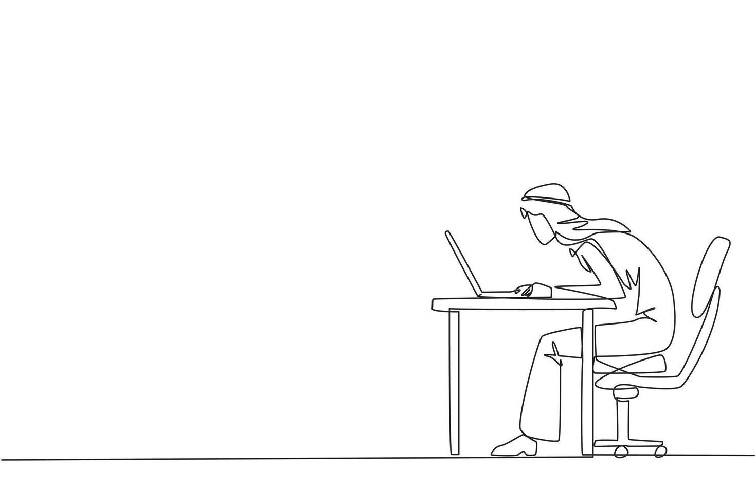 Single continuous line drawing Arabian businessman sitting and typing on laptop computer. Work hard to achieve maximum expected results. Overtime and work smart. One line design vector illustration